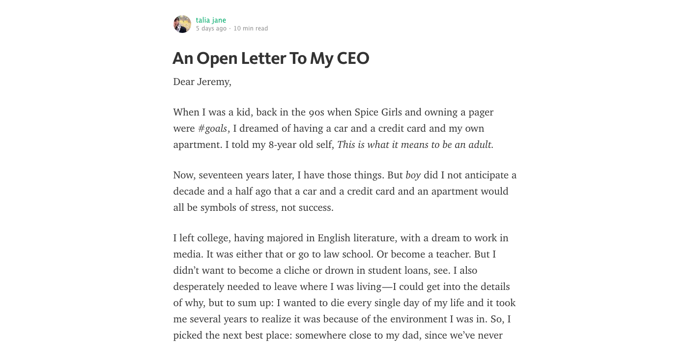 WHAT WE CAN LEARN FROM ONE MILLENNIAL’S ILL-ADVISED LETTER TO HER CEO