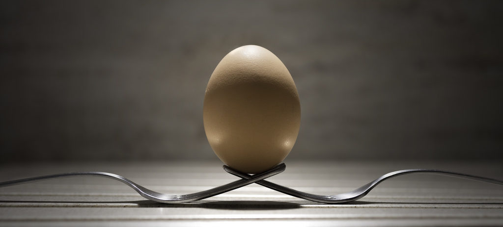 egg balanced on 2 forks